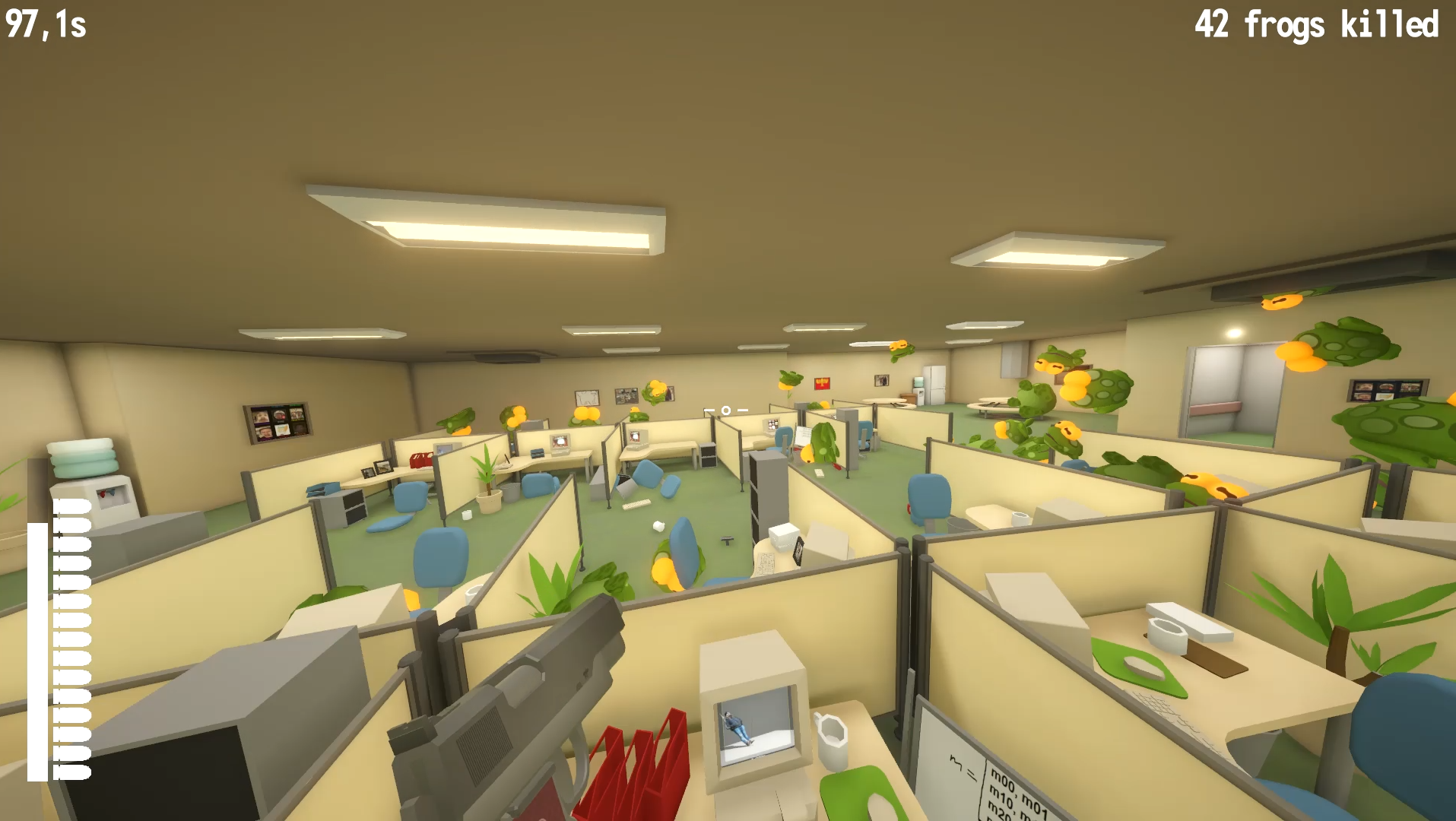 Frog duty screenshot, player charging into an office filled with cartoonish frogs