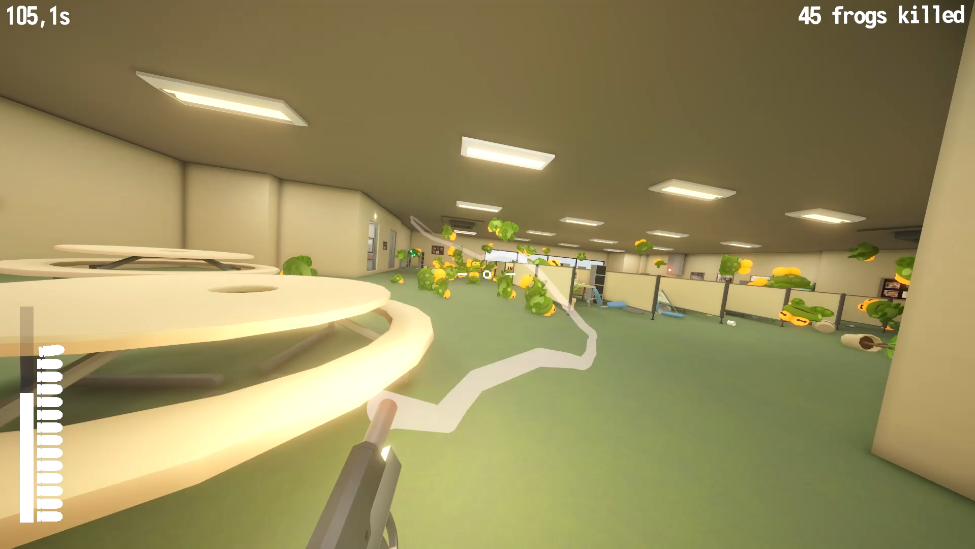 Frog duty screenshot, player frantically escaping frogs, backing up