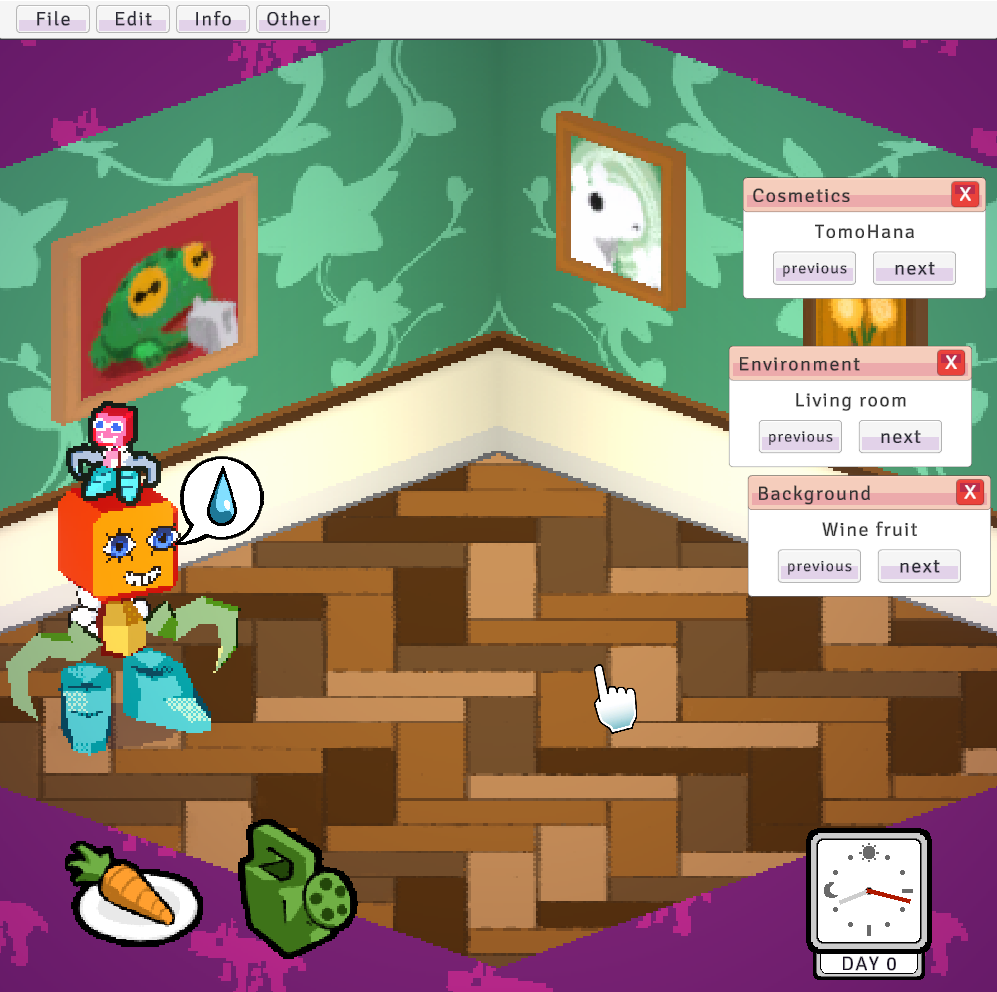 Screenshot of the game tomohana showing the player looking at a thirsty tomo. Some menues are visible.