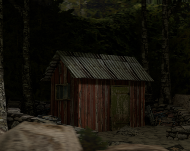 A 3D environment depicting a house in the woods made using WRAD textures.